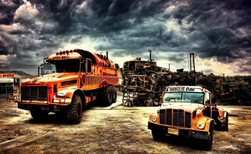 Prompt: monster truck schoolbus tank, dystopian, imax, intense sky