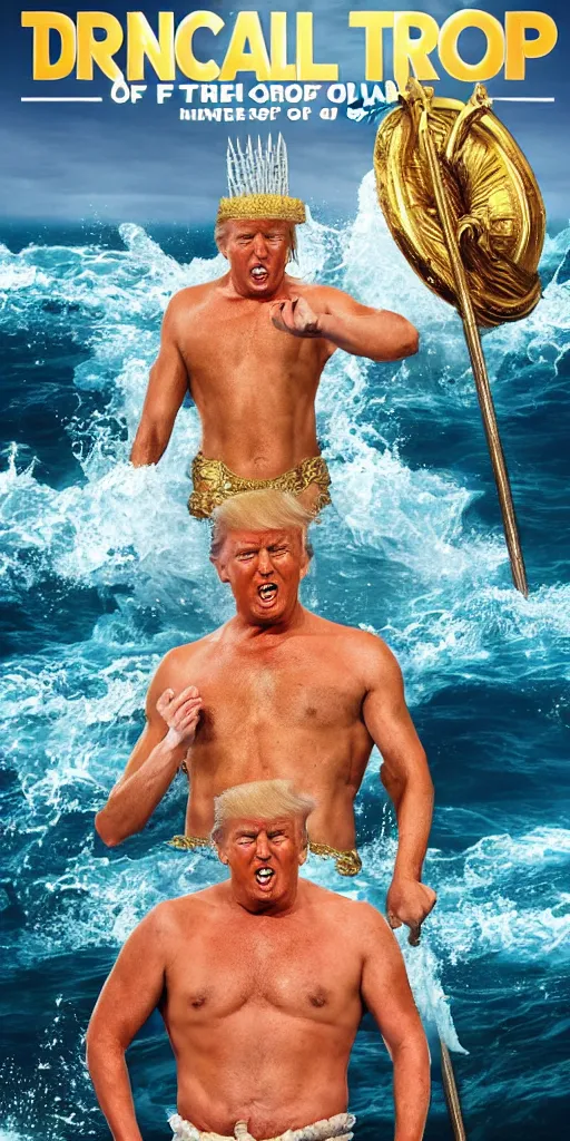 Image similar to donald trump as poseidon, king of the ocean, movie poster