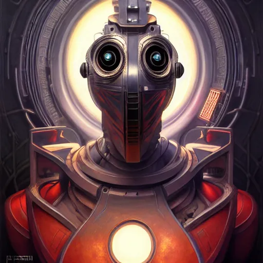 Image similar to front shot of a cyberpunk gazmask robot character, intricate, elegant, highly detailed, centered, digital painting, artstation, concept art, smooth, sharp focus, illustration, artgerm, Tomasz Alen Kopera, Peter Mohrbacher, donato giancola, Joseph Christian Leyendecker, WLOP, Boris Vallejo