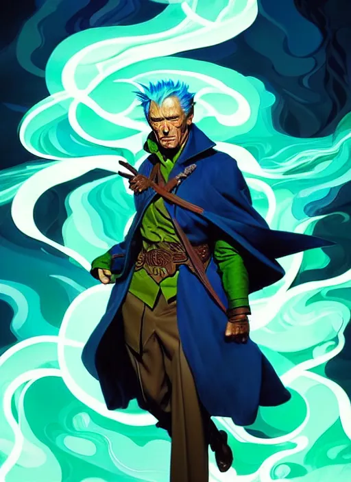 Prompt: style artgerm, joshua middleton, clint eastwood as a mage wearing green pelt robes, blue hair, swirling water cosmos, fantasy, dnd, cinematic lighting