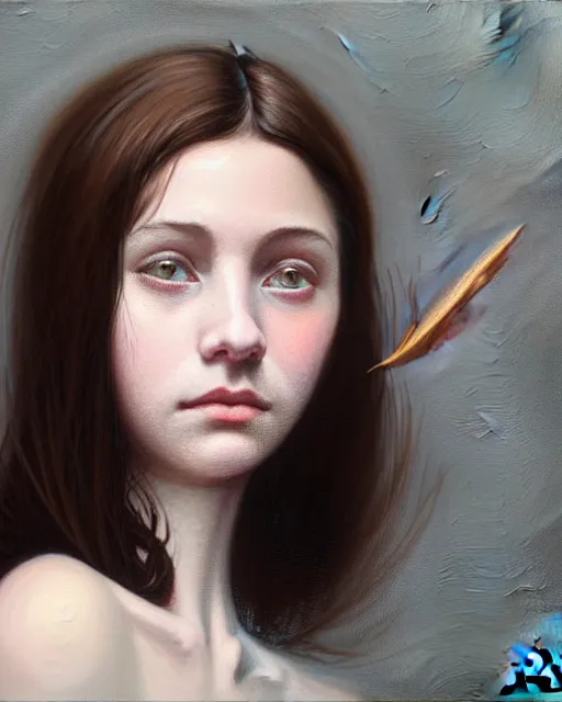 Prompt: portrait of a welsh teenage girl with brown hair, dark brown eyes, glowing skin, delicate features, quiet beauty, amelie poulain, young Mary Louise Parker, fantasy, intricate, elegant, dress shirt, highly detailed, digital painting, artstation, concept art, smooth, sharp focus, illustration, art by Krenz Cushart and Artem Demura and alphonse mucha