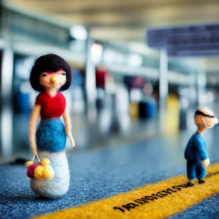 Image similar to needle felted person arriving at airport, highly detailed, tilt shift, cute, hyperrealism, highly textured, god rays