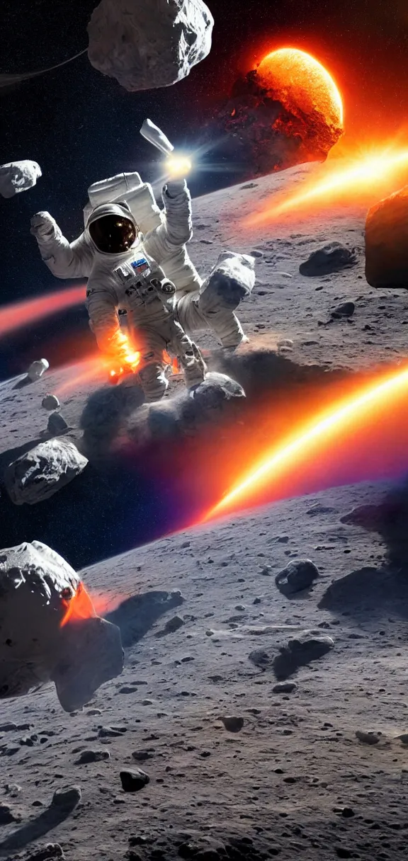 Image similar to photo of 8k ultra realistic astronaut riding asteroids, nasa, clear sky, full of colour, cinematic lighting, battered, trending on artstation, 4k, hyperrealistic, focused, extreme details,unreal engine 5, cinematic, masterpiece, art by Robert McCall