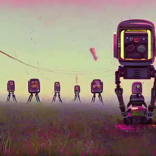 Prompt: A robot planting human heads, art by Simon Stalenhag, 4k