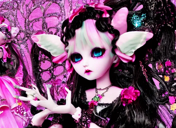 Image similar to baroque bedazzled gothic royalty frames surrounding a pixelsort emo demonic horrorcore japanese beautiful fairy kei doll, sharpened early computer graphics, remastered chromatic aberration