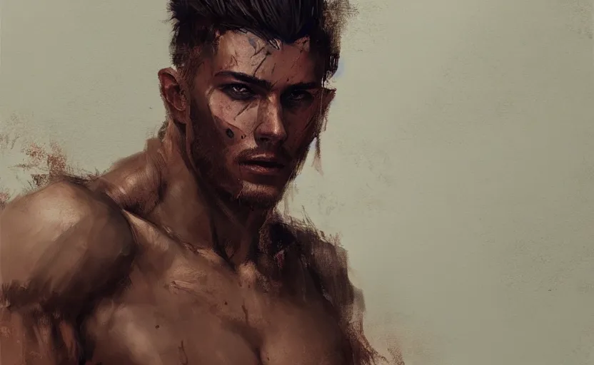 Image similar to a painting of arkul trending on artstation in the style of greg rutkowski, beautiful, male, sensual, natural skin, muscular, stubble, warrior, tattoos