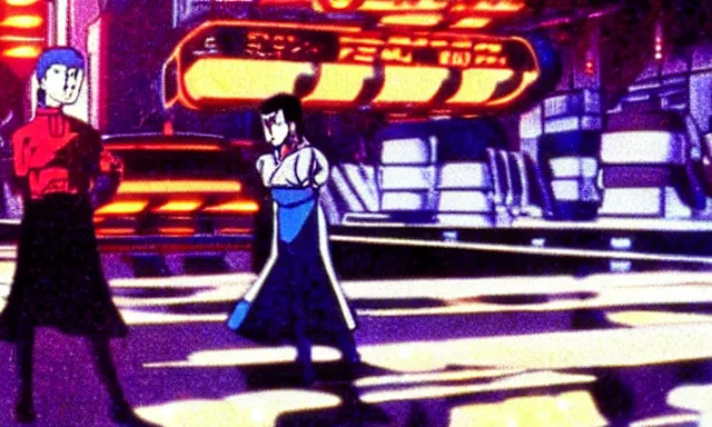 Image similar to full - color cinematic movie still from the 1 9 8 2 anime - adaptation by osamu tezuka of blade runner. science - fiction ; action ; neon ; gritty ; dystopian ; detective mystery.