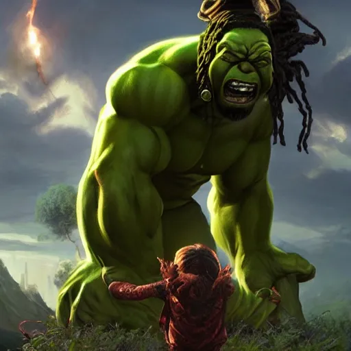 Image similar to snoop dog as big as hulk fights giant ganja plant, cinematic lighting, highly detailed, concept art, art by wlop and artgerm and greg rutkowski, masterpiece, trending on artstation, 8 k