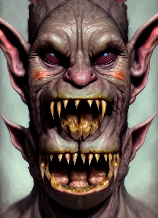 Image similar to face portrait of a medieval goblin eating cakes, beautiful face, hyper realistic, highly detailed, digital painting, artstation, illustration, concept art by hyung tae and frank frazetta, digital paint, matte paint, washed colors, dark, gloomy