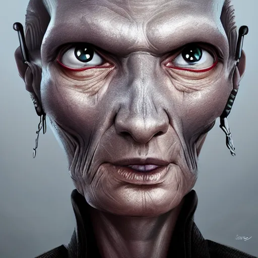 Image similar to portrait of a grey alien with technological jewelry, science fiction, menacing, confident, intricate, headshot, highly detailed, digital painting, artstation, concept art, sharp focus, cinematic lighting, illustration, cgsociety