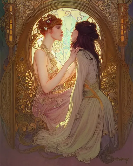 Image similar to secret romance, highly detailed, very intricate, art nouveau, gold filigree, romantic storybook fantasy, soft cinematic lighting, award - winning, disney concept art watercolor illustration by mandy jurgens and alphonse mucha and alena aenami, pastel color palette, featured on artstation