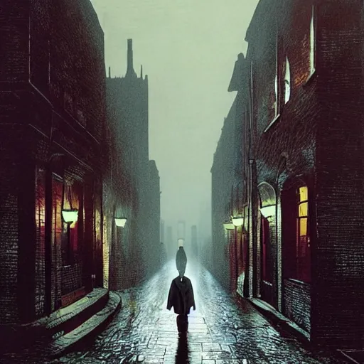 Prompt: Mads Mikkelsen as Sherlock Holmes and John Candy as John Watson walking on the misty streets of London looking for Jack the Ripper, artwork by John Atkinson Grimshaw