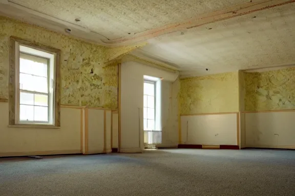 Image similar to an endless space of empty connecting rooms with old yellowed wallpaper from the 1970s and beige carpet lit by fluorescent lights