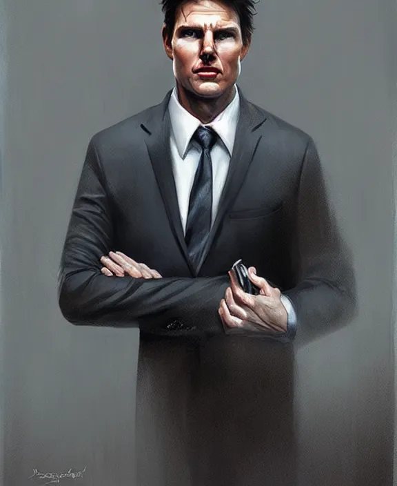 Prompt: portrait of tom cruise as a psychopathic lawyer for the church of scientology, art by denys tsiperko and bogdan rezunenko and tom bagshaw, hyperrealism