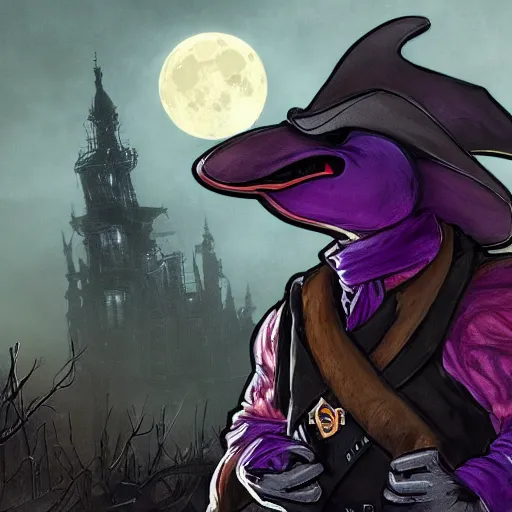 Image similar to a detailed 3 d render of darkwing duck dressed as the hunter from bloodborne, let's get dangerous, in the style of darkwing duck, digital art, dark fantasy, concept art, soulslike, by alphonse mucha, blood moon eclipse, wherewolves in a ruined building in the background, artstation, 8 k, unreal engine render