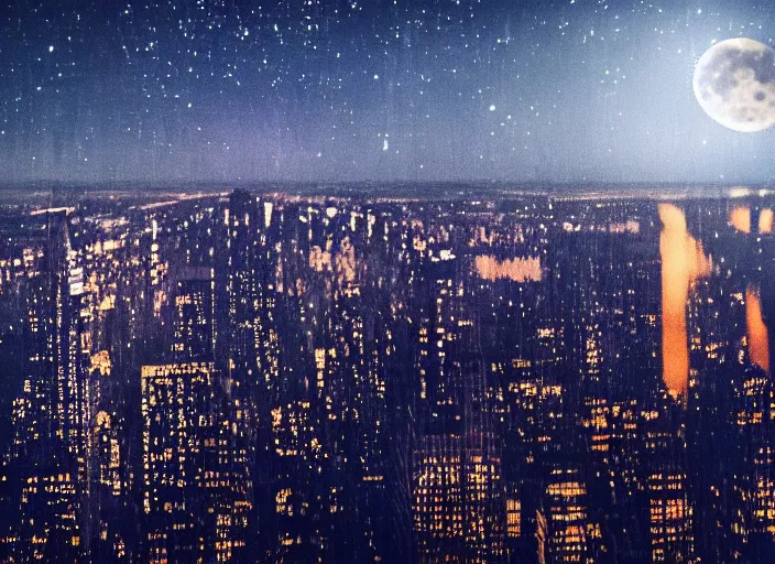 Image similar to film still of the moon shattering into pieces over manhatten in the new disaster movie, 8 k, night time