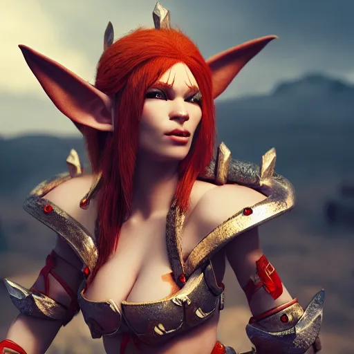 Image similar to beautiful redhead elf with warrior outfit, clash royal style characters, unreal engine 5, octane render, detailed, cinematografic, cinema 4 d