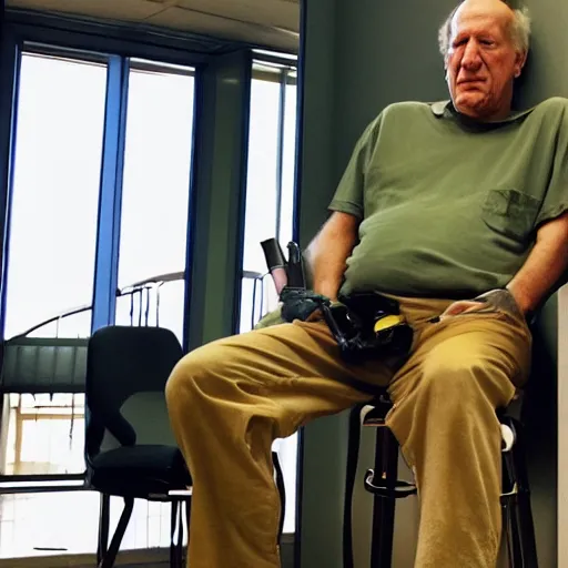 Image similar to werner herzog sits with a pair of bolt cutters in the waiting area of the dmv. wide angle, style of edward hopper, wes anderson, chris ware, award winning, photo realistic, dynamic lighting, very detailed face, 4 k