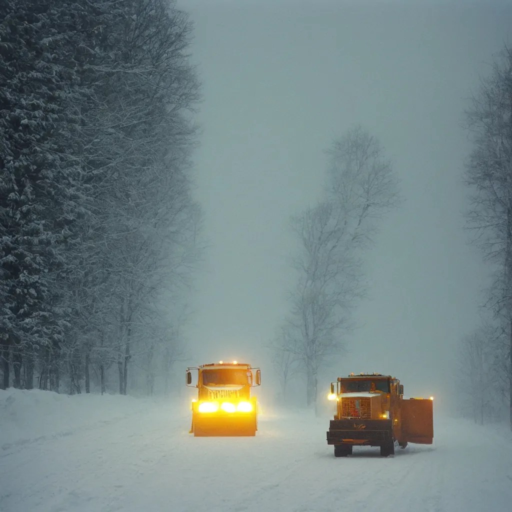 Image similar to photo, big snow plow truck is in the distance with a bright headlighta. cold color temperature, snow storm. hazy atmosphere. humidity haze. kodak ektachrome, greenish expired film, award winning, low contrast,