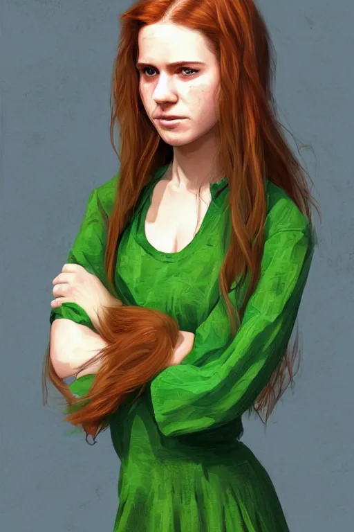 Image similar to ultra realistic style illustration of a beautiful cute red haired playful joyful teen girl in a green dress, long hair, face of young kate mara, sci - fi, intricate, elegant, digital painting, artstation, concept art, smooth, sharp focus, illustration, 8 k frostbite 3 engine, ultra detailed, art by artgerm and greg rutkowski and magali villeneuve