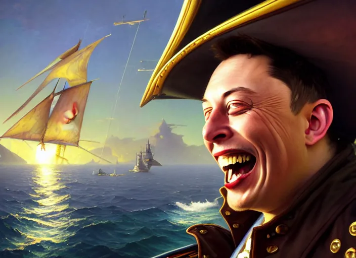 Image similar to highly detailed painting of a laughing Elon Musk as a pirate captain, proudly posing at the helm of his frigate wearing a pirate hat at sunset, artstation, cinematic lighting, hyperdetailed, cgsociety, 8k, high resolution, insanely detailed and intricate, concept art, smooth, sharp focus, illustration, art by Peter Mohrbacher and Alphonse Mucha, masterpiece