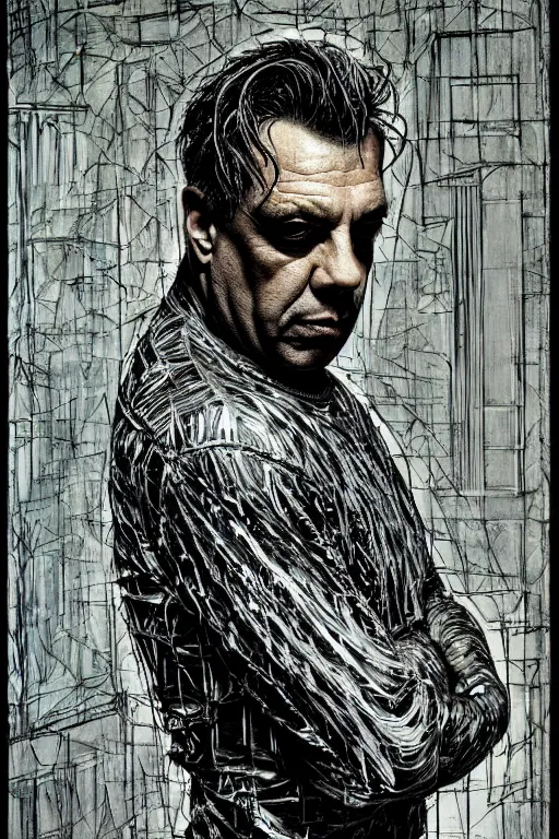 Image similar to till lindemann, detailed acrylic, grunge, intricate complexity, by dan mumford and by alberto giacometti, peter lindbergh