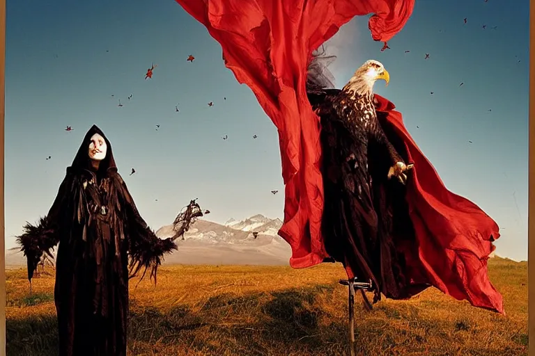 Image similar to at Dusk a witch woman dressed in an elaborate tattered cloak with hood, stands overlooking a mountain range as she holds up a lit and burning red signal flare. An american bald eagle flies towards her. Portrait by annie Liebowitz.