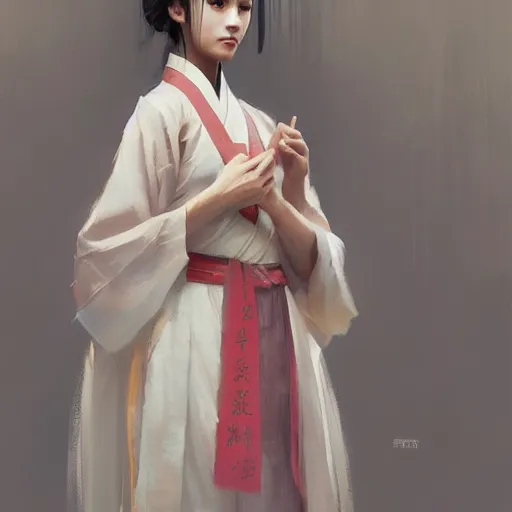 Image similar to oil painting girl wearing hanfu, herb rose, by greg rutkowski, artstation