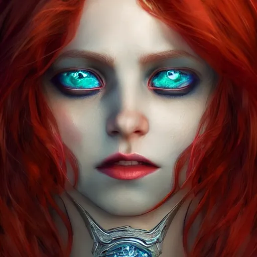 Image similar to redhead vampire sorceress, perfect face viewed in profile, bright glowing blue and silver eyes, gold shirt, cinematic, floating ash, stunning, highly detailed, artstation, smooth, hard focus, concept art, art by artgerm and greg rutkowski and alphonse mucha, volumetric lighting, octane render, 4 k resolution, trending on artstation, masterpiece