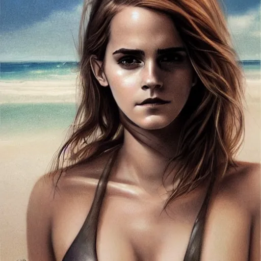 Image similar to pencil drawing of emma watson wearing a latex suit in a beach, beautiful piercing eyes, hyper realistic face, in the style of greg rutkowski, fantasy, amazing detail, epic, elegant, smooth