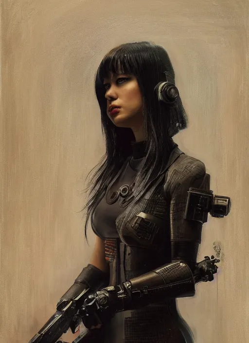 Image similar to Nikki Tanaka. Cyberpunk hitwoman in futuristic clothes (blade runner 2049, cyberpunk 2077). Orientalist portrait by john william waterhouse and James Gurney and Theodore Ralli and Nasreddine Dinet, oil on canvas. Cinematic, hyper realism, realistic proportions, dramatic lighting, high detail 4k