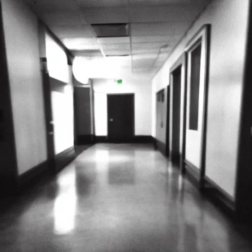 Prompt: creepy empty office hallway, a dark figure. craigslist photo