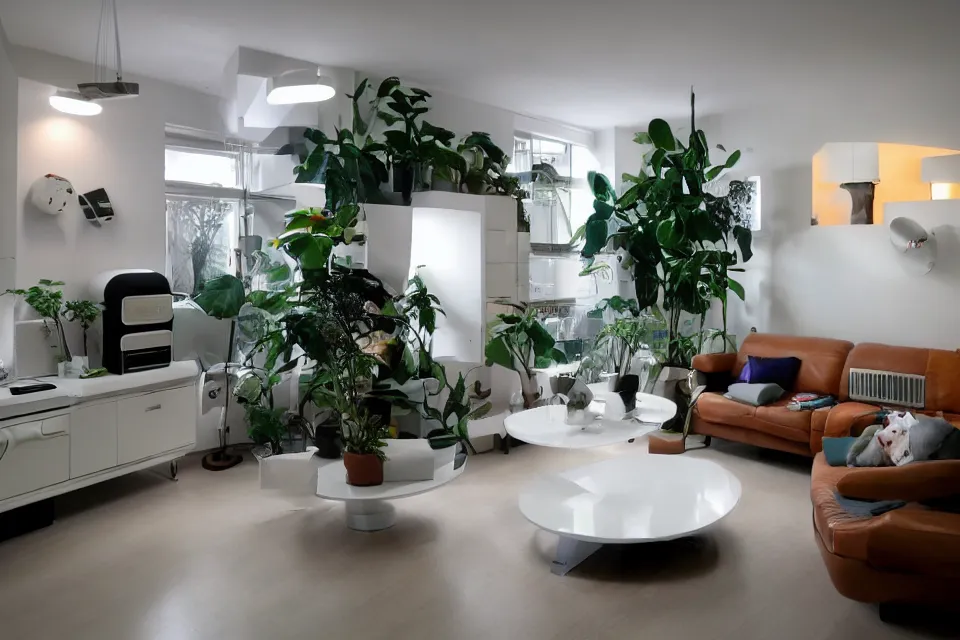 Prompt: retro futuristic apartment with lighting design by kubrick moonbase style, 7 0 s hi fi system, funky furniture, house plants, modern art