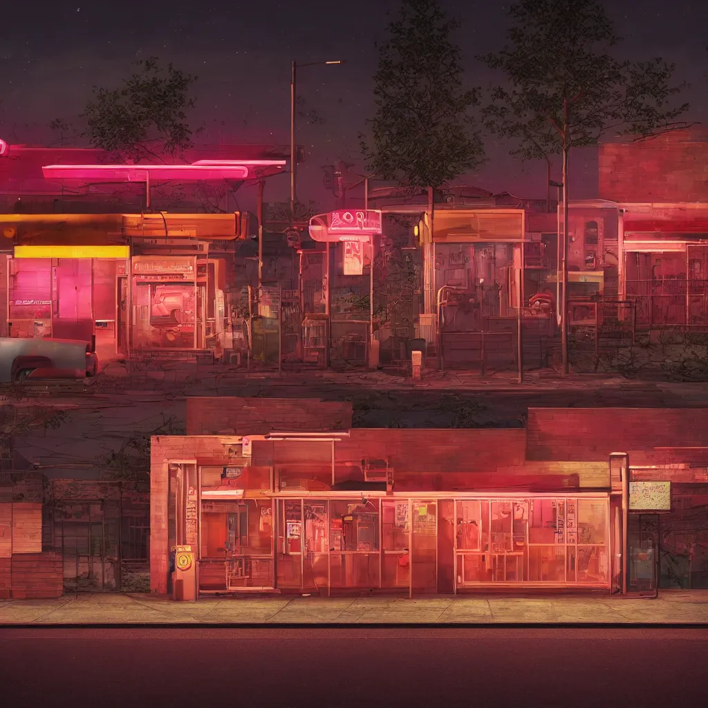 Image similar to an empty parking lout outside an abandoned retro diner at night, by lee madgwick, pink and orange neon lights, highly detailed, photorealistic, artstation trending, cryengine 8 k uhd