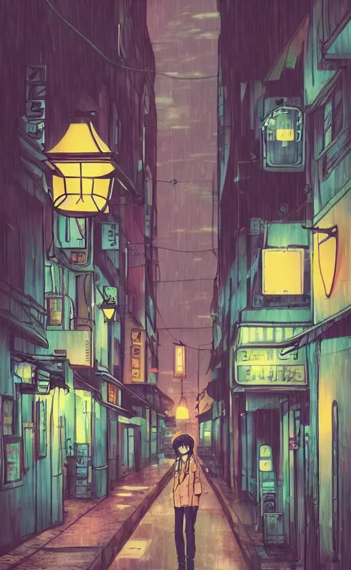 Prompt: night street, rainy day, anime, japan, ghibli, 9 0 s, retro style, aesthetic, chill, room, vintage