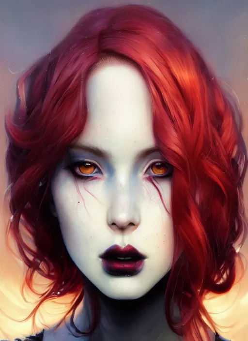 Image similar to girl with iridescent red hair, beautiful highly detailed face, complementary lighting, backlit, black eyeshadow, black lipstick, divine, dramatic lighting, landscape background, beautiful painting by artgerm and greg rutkowski and raymond swanland