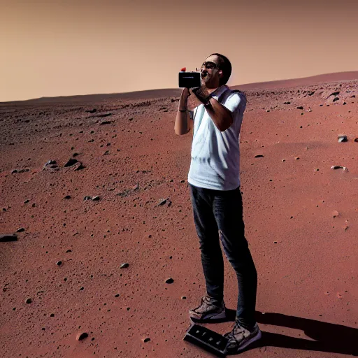 Prompt: a man taking a selfie on mars, 4 k, high detail, high - resolution photograph, professional photography, ultra - detail