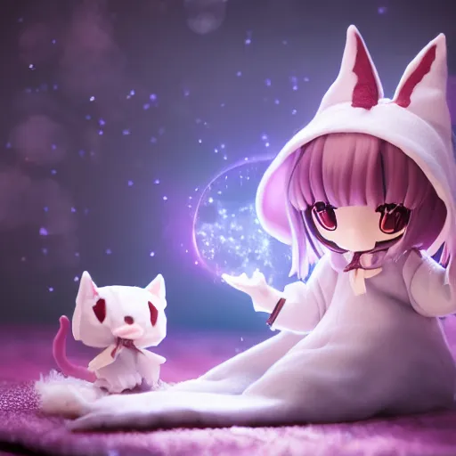 Image similar to cute fumo plush of a catgirl casting a summoning spell, witch, focus, bokeh, vray