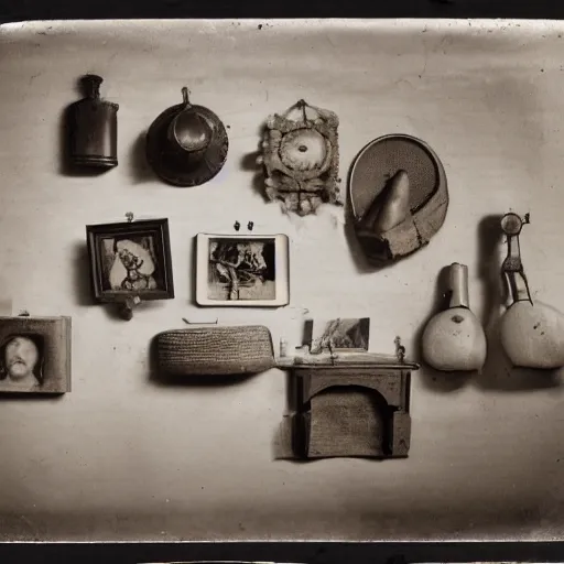 Image similar to Tintype photograph of objects displayed in an ethnographic museum, primitive display, anthropology of wonder, in the style of Marcel Duchamp, found objects, ready-made, 1920s studio lighting.