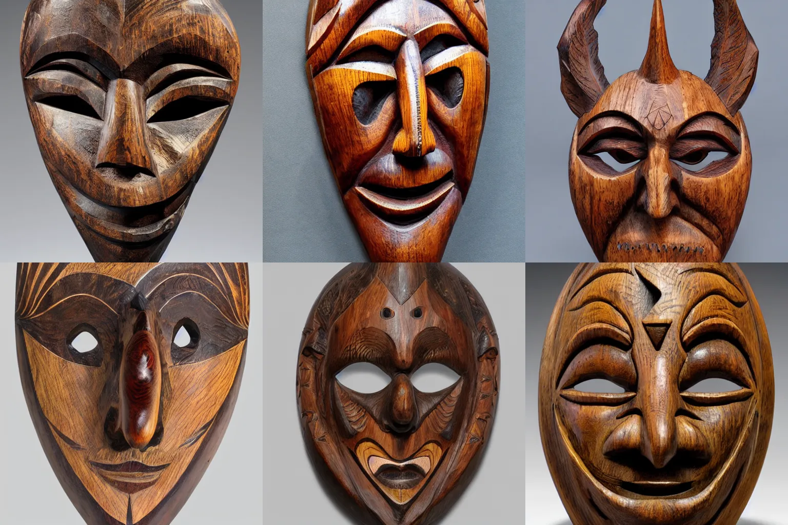 Prompt: A mask of mixed emotions, carved of rare magical wood, in the style of rebecca guay