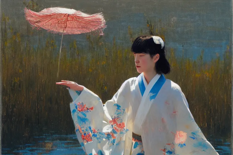 Image similar to wind, koi, kimono fabric blowing in the wind, sunlight, no person, jeremy lipking, joseph todorovitch