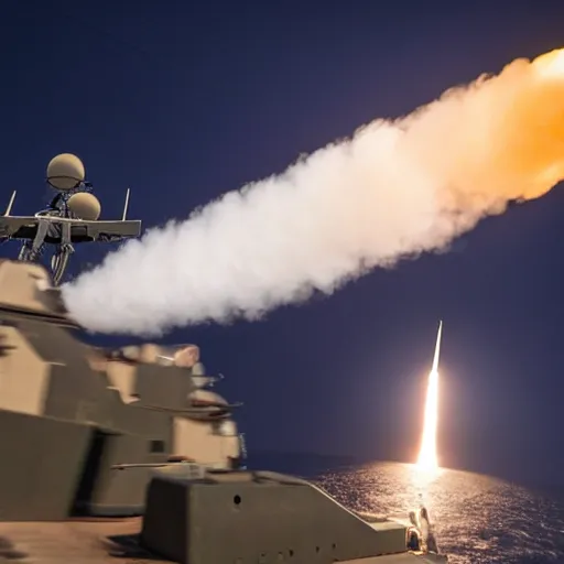 Prompt: A highly detailed wide angle photograph of a fighter jet firing missiles at a warship