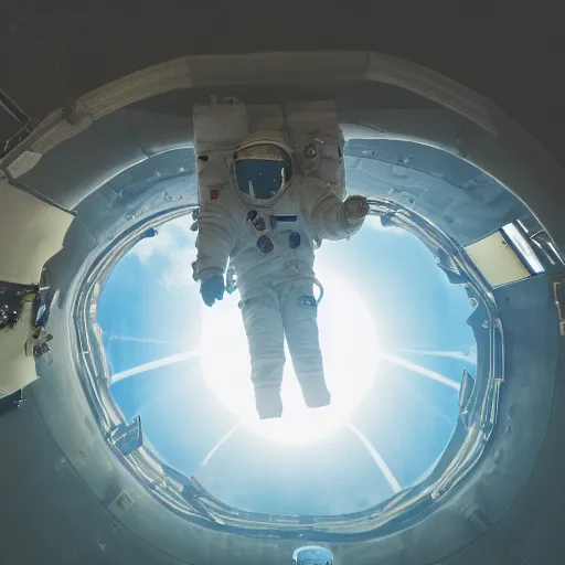 Image similar to photograph of an astronaut in space, singular light source from below, earth only visible below, full body photo, amazing light and shadow contrast, 8 k