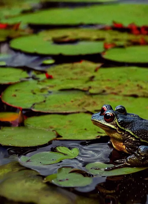 Prompt: dark clouds, close - up of a moody frog in the pond with water lilies, shallow depth of field, highly detailed, autumn, rain, bad weather, ominous, digital art, masterpiece, matte painting, sharp focus, matte painting, by isaac levitan, asher brown durand,