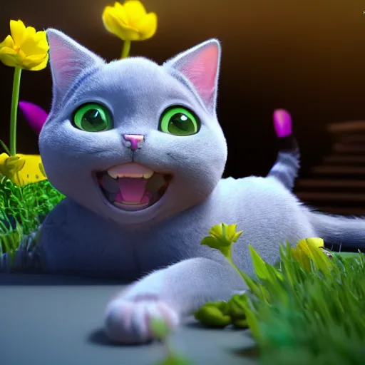 Prompt: tabi cat with flowers, anime, disney, pixar, 8 k, hd, dof, kodak film, volumetric lighting, subsurface scattering, photorealistic, octane render, details