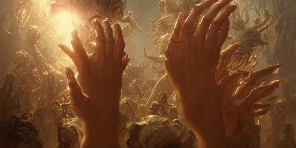 Image similar to too many hands, gnarled, so many hands, fingers, weird amount of hands, intense lighting, light beams, lens flare, intricate, elegant, highly detailed, digital painting, artstation, concept art, smooth, sharp focus, illustration, art by artgerm and greg rutkowski and alphonse mucha