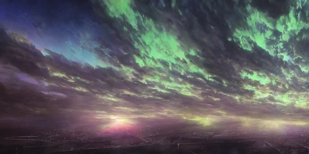 Image similar to hyperrealistic mixed media art of a ditkoverse by steve ditko, aurora borealis in the sky, low angle, stunning 3d render inspired art by Renato muccillo and Andreas Rocha and Johanna Rupprecht + symmetry + deep volumetric lighting, 8k octane beautifully detailed render, post-processing, extremely hyperdetailed, intricate complexity, epic composition, mystical foreboding atmosphere, cinematic lighting + masterpiece, trending on artstation