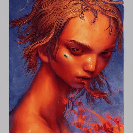 Prompt: a painting of a fire nymph by james jean, high detail, trending on artstation