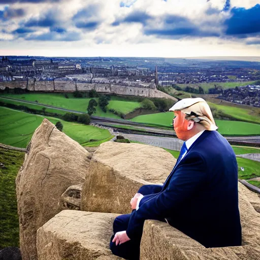Prompt: donald trump sitting on almscliff crag in leeds england 8k highly detailed photograph, award winning, beautiful lighting, daytime view