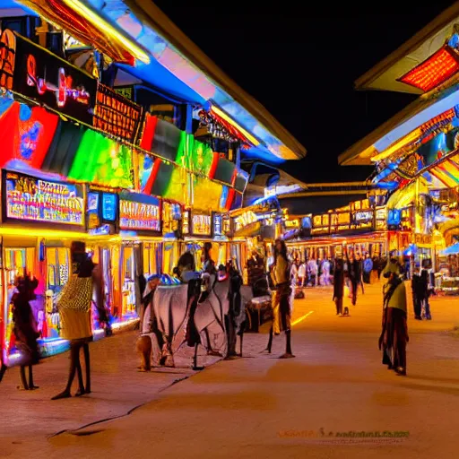 Image similar to futuristic ndebele city, night street scene, highly detailed, digital ndebele billboards